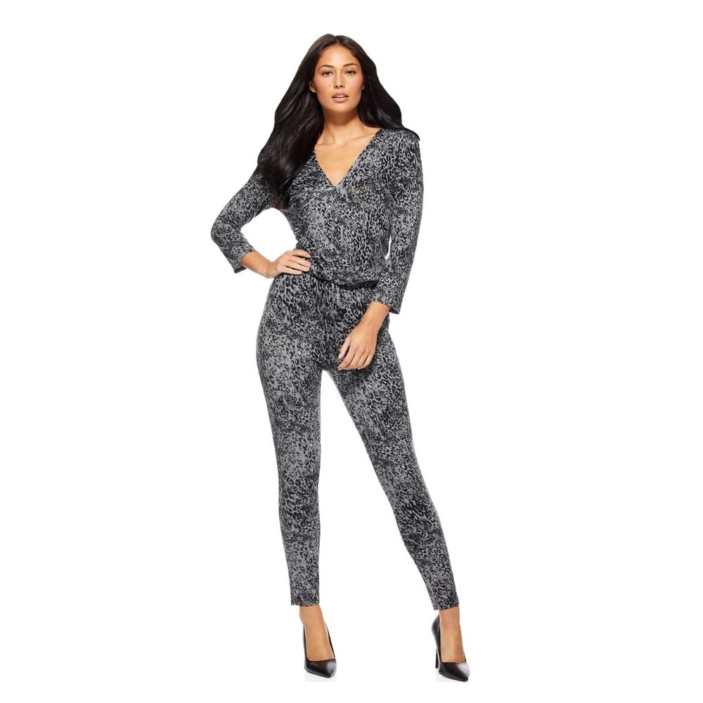 Sofia Jeans by Sofia Vergara Womens Animal Print V-Neck Long Sleeve Jumpsuit L